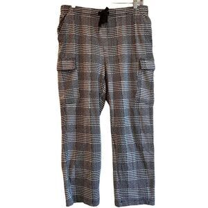 Lands End Pants Womens L Black Houndstooth Cargo Velour Straight Leg Streetwear